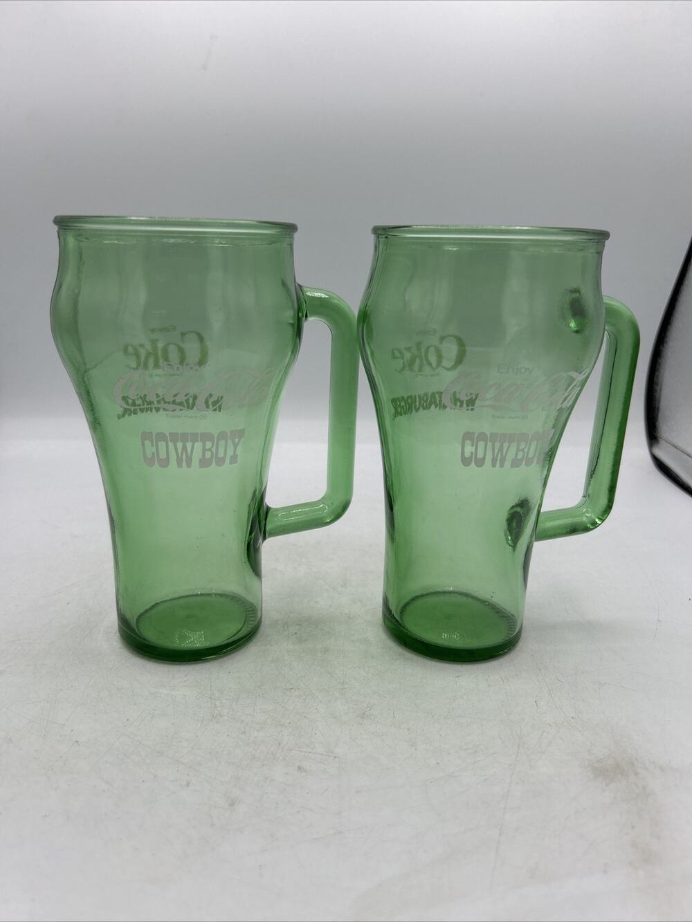 2 Vintage 1980's Coca-Cola Cowboy Whataburger Green Glass Handled Mugs